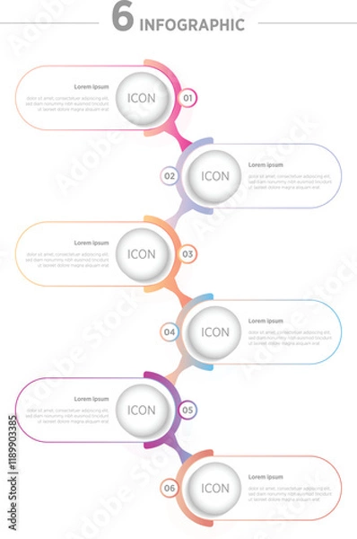 Obraz Colorful Modern Business vector infographic design template with icons and 6 options or steps. Can be used for process diagram, presentations, workflow layout, banner, flow chart, info graph