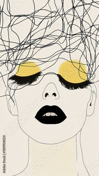 Obraz Surreal Abstract Minimalistic Female Portrait Thinking with Yellow Accents, Black Lips, and Expressive Flowing Lines Illustration