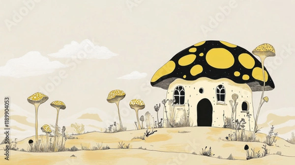 Fototapeta Surreal Abstract Mushroom House with Yellow and Black Accents in a Whimsical Landscape Illustration