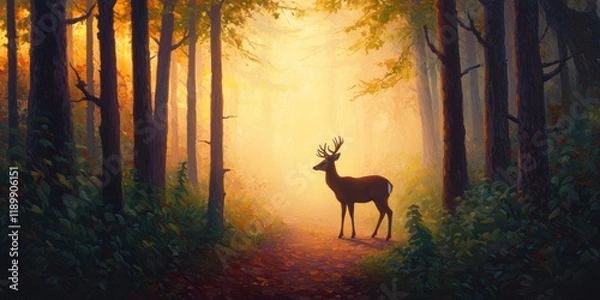 Fototapeta Majestic Deer Stands in Serene Forest with Soft Morning Light
