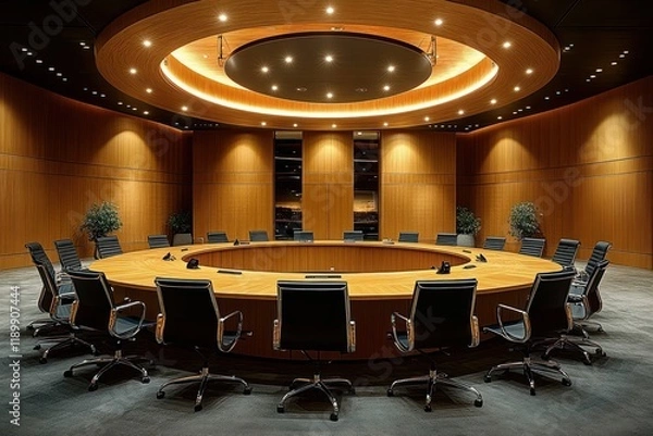Fototapeta Modern Conference Room with Circular Table and Black Chairs