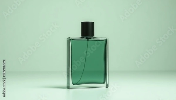 Fototapeta sage green colored perfume for men in a transparent luxury bottle, designed with sharp, modern lines and a matte finish