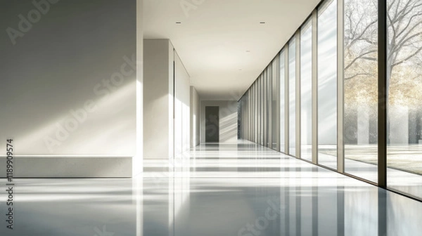 Fototapeta Modern interior of an empty white hall with glass walls, light shadows, and reflections on the floor, minimalist design