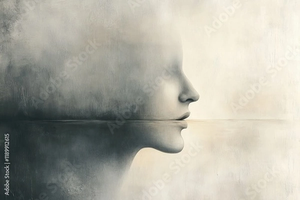 Fototapeta Abstract surreal sculpture of a stone face in the wall with dramatic light texture and minimalist design