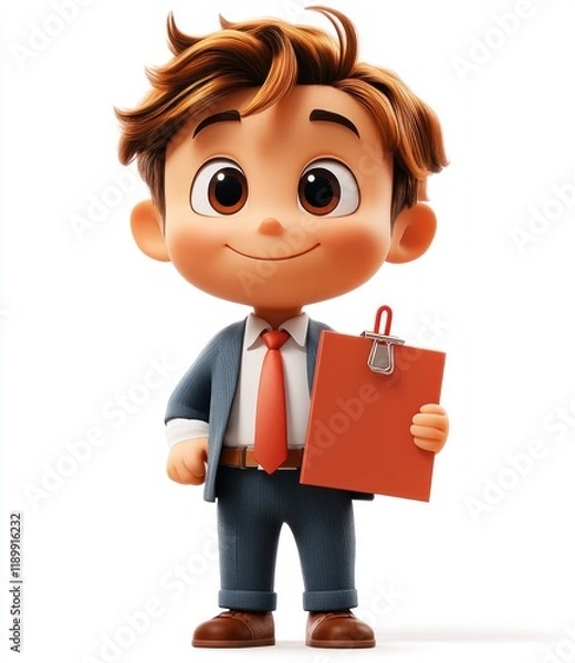 Obraz 3D Illustration of Handsome Businessman Holding Document with Red Paperclip in Cartoon Style