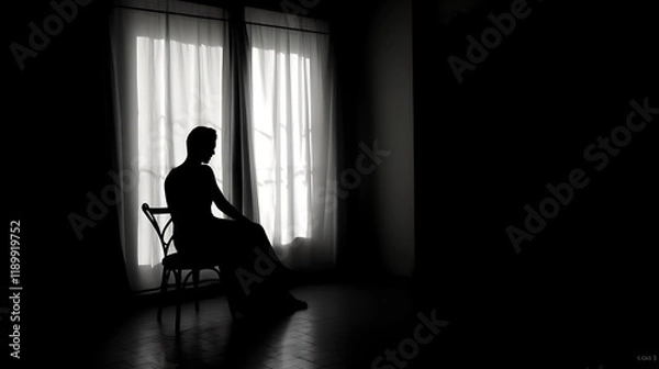 Fototapeta Silhouetted Person Sitting Alone Near Window Curtains
