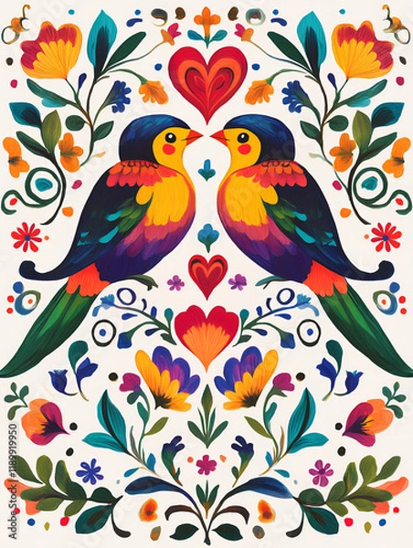 Fototapeta Two colorful birds face each other, sharing a loving moment amidst a vibrant floral arrangement and hearts.