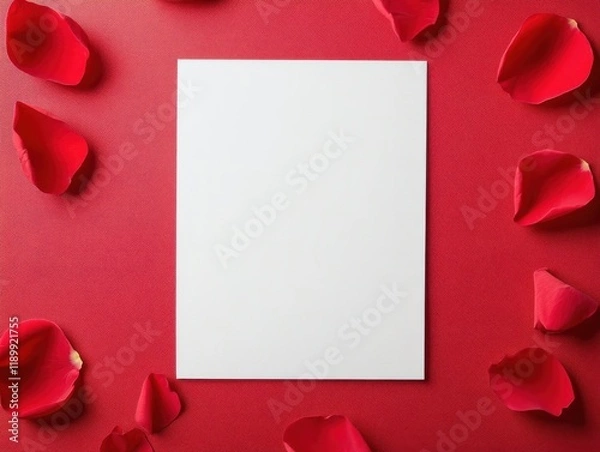 Fototapeta A blank white sheet surrounded by red rose petals on a textured red background, perfect for a romantic or decorative theme. mockup in valentine day.