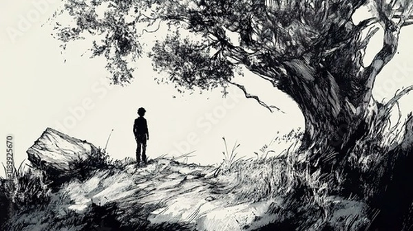Obraz Solitude: A Boy, a Tree, and a Path in Monochrome