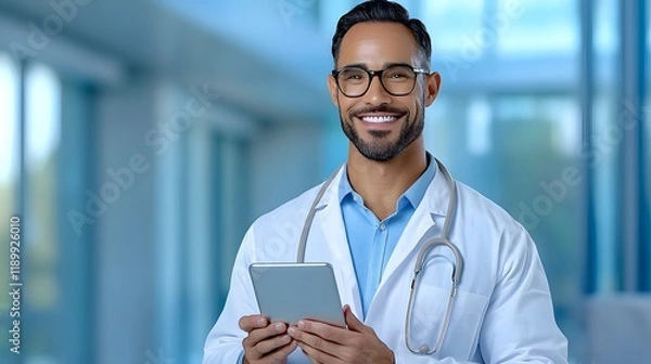 Fototapeta A patient sits comfortably in a living room using a tablet for a virtual consultation. The image conveys convenience, remote care, and patient choice.
