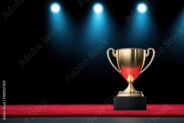 Fototapeta A shiny gold trophy on a podium, illuminated by blue spotlights against a dark background, resting on a red carpet.
