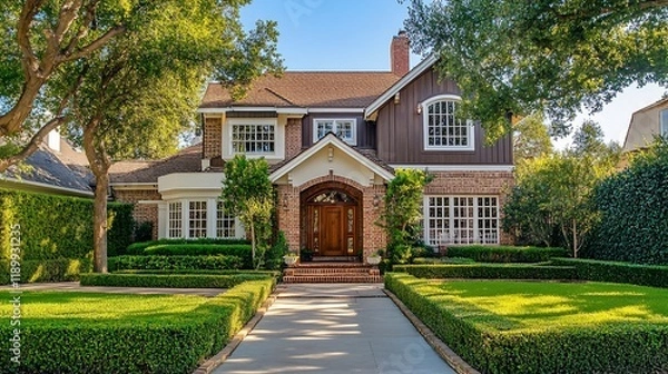 Obraz A charming two-story house with a landscaped garden and symmetrical design.