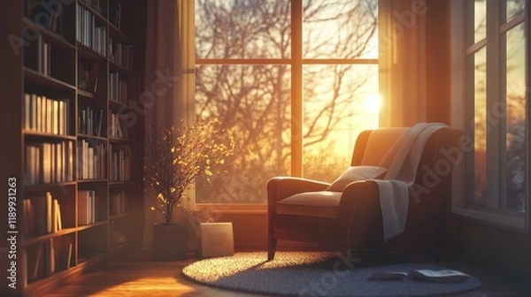 Fototapeta Cozy reading nook with armchair, bookshelves, and sunset view.
