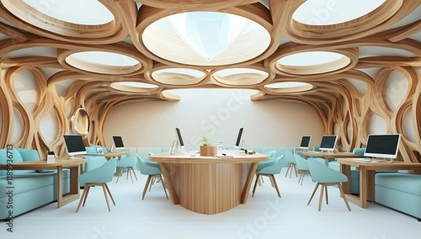 Fototapeta 3D office model with circular wooden ceiling design and skylight.