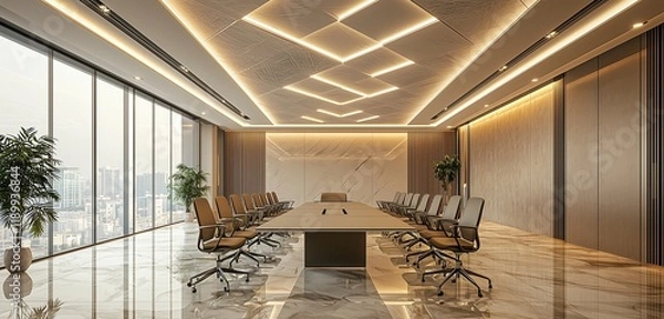 Obraz Minimalist conference room 3D model with creative ceiling and sleek table.