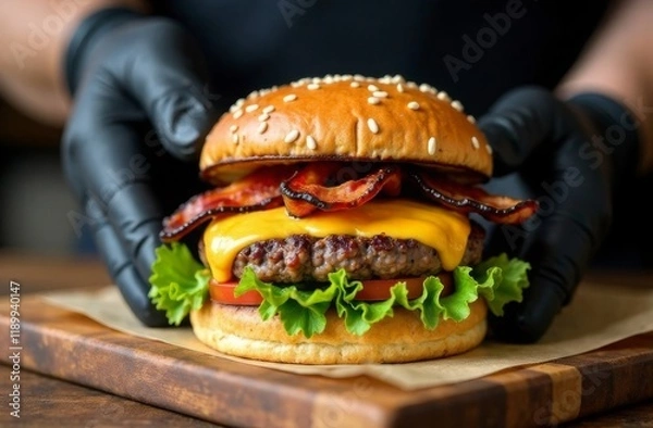 Obraz Close-up of hands in black gloves holding delicious, juicy burger with cheese and fresh toppings. Fast food. Concept of fast food, not healthy food