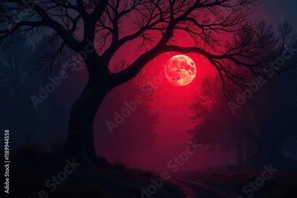 Fototapeta Red glow casts an eerie light on twisted tree limbs, spooky, light, dark