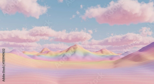 Fototapeta Surreal Pastel Playful Rainbow Gradient Hills with Soft Pink Clouds and a Light Blue Sky Landscape Illustration
