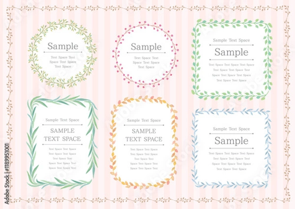 Obraz 水彩の植物の円と四角のナチュラルなフレーム6点セット