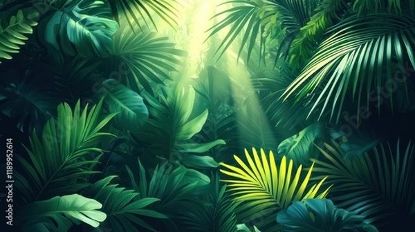 Fototapeta Lush tropical jungle with sunlight streaming through dense foliage.