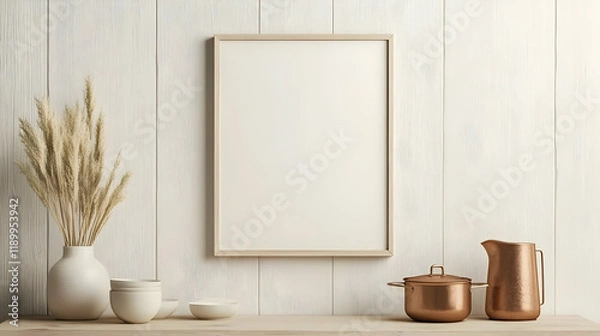 Fototapeta Elegant minimalistic decor featuring a blank frame, ceramic vase, and copper kitchenware on a light wooden surface.