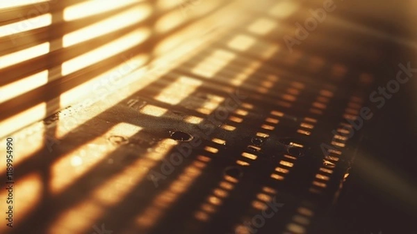 Fototapeta Classic 35mm filmstrip design with authentic film sprocket holes and grain texture, bathed in honey-golden afternoon sunlight streaming through venetian blinds. Delicate dust particles float visibly