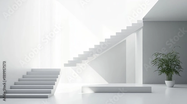 Fototapeta A minimalist white staircase in an open space