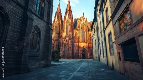 Obraz Cathedral view down a cobblestone street
