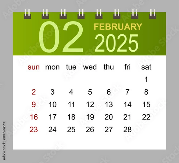 Fototapeta February 2025. Vector monthly calendar template 2025 year in simple style for template design.