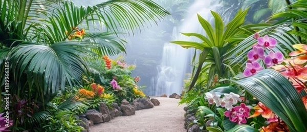 Fototapeta Serene tropical garden path. Lush exotic blooms orchids palms waterfall backdrop. A misty paradise awaits.