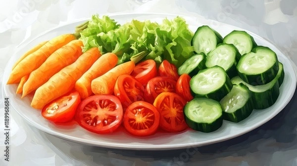 Fototapeta Fresh sliced carrots, tomatoes, cucumbers, and lettuce on a white plate.