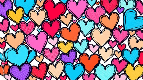 Obraz Seamless endless fabric repeat drawn pattern colorful hand drawn doodle hearts on white simple cute valentines day hd background backdrop wallpaper banner texture wedding invitation card gift art