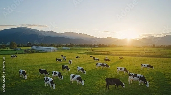 Fototapeta Aerial view of a large dairy farm, rows of dairy cattle grazing in paddocks, neatly divided fields, and farm buildings in the distance