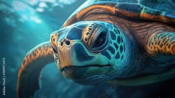 Fototapeta Struggling Turtle Entangled in Plastic Waste in Murky Ocean Water with Underwater Lighting Creating a Somber Mood