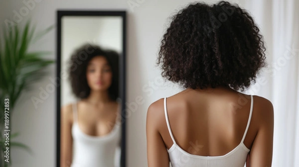 Fototapeta woman standing confidently in front of mirror, practicing self empowerment