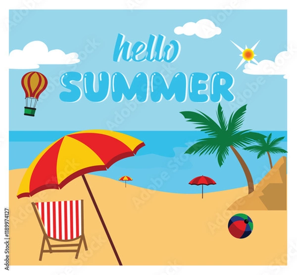 Fototapeta Hello Summer Beach Scene with Umbrella and Palm Trees.