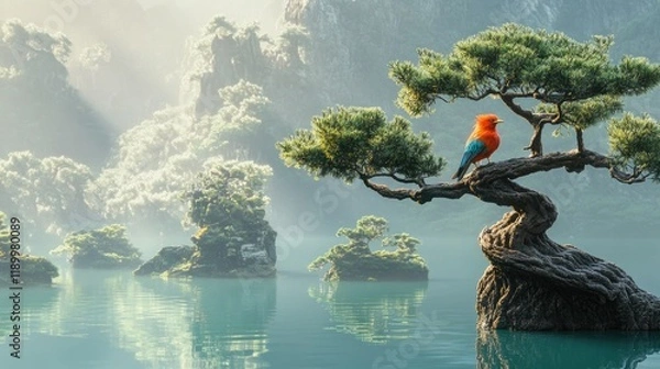 Fototapeta A bird on a tree in the middle of a lake.
