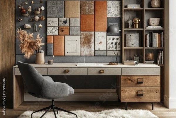 Fototapeta Office desk with light and dark wood drawers, white oak tabletop, black metal legs with brass accents, mood board wall, gray chair, sheepskin rug, and bookshelves.