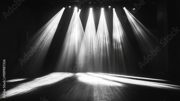 Fototapeta Black-and-white photography of an empty stage with spotlights shining down, creating beautiful light rays on the floor
