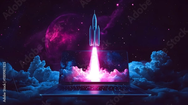 Obraz Space rocket launch visual from a laptop screen, generated by AI