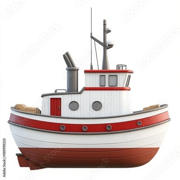Fototapeta Cute 3D Cartoon Style Boat on White Background, Side View, 3D Rendered, Isolated Illustration.