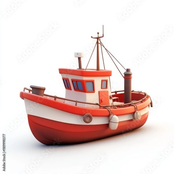 Fototapeta Cute 3D Cartoon Style Boat on White Background, Side View, 3D Rendered, Isolated Illustration.