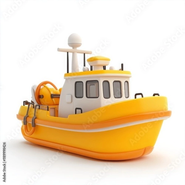 Fototapeta Cute 3D Cartoon Style Boat on White Background, Side View, 3D Rendered, Isolated Illustration.