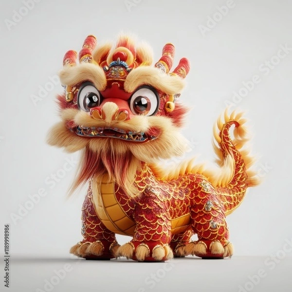 Fototapeta Cute 3D Cartoon Style Chinese Dragon on White Background, Side View, 3D Rendered, Isolated Illustration.