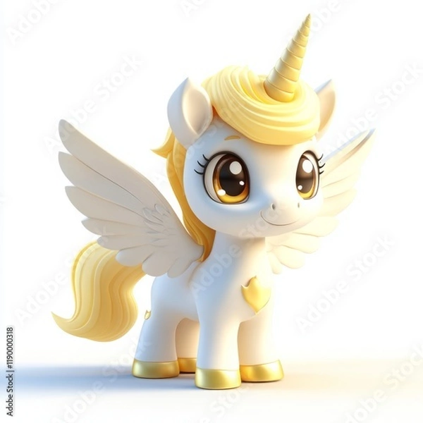 Fototapeta Cute 3D Cartoon Style Pegasus on White Background, Side View, 3D Rendered, Isolated Illustration.