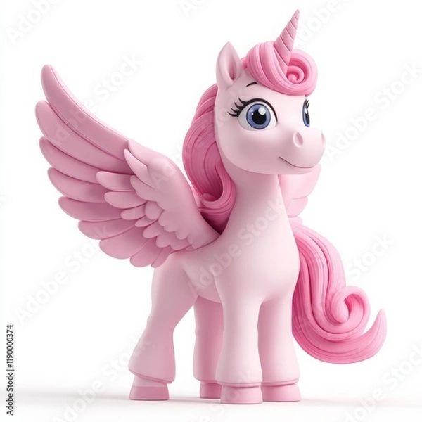 Fototapeta Cute 3D Cartoon Style Pegasus on White Background, Side View, 3D Rendered, Isolated Illustration.