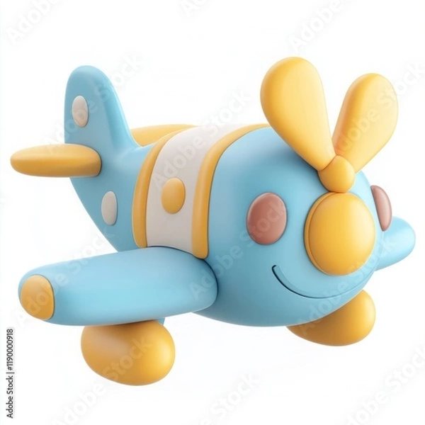 Fototapeta Cute 3D Cartoon Style Plane on White Background, Side View, 3D Rendered, Isolated Illustration.