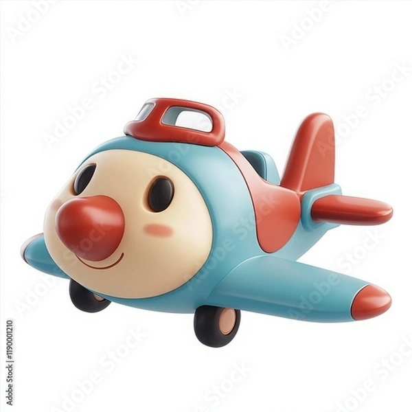 Fototapeta Cute 3D Cartoon Style Plane on White Background, Side View, 3D Rendered, Isolated Illustration.