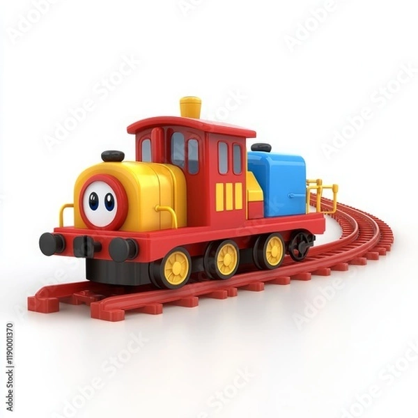 Fototapeta Cute 3D Cartoon Style Train on White Background, Side View, 3D Rendered, Isolated Illustration.