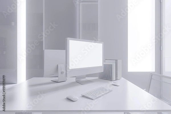 Fototapeta High Detail Visual of Modern Minimal White Office Decoration